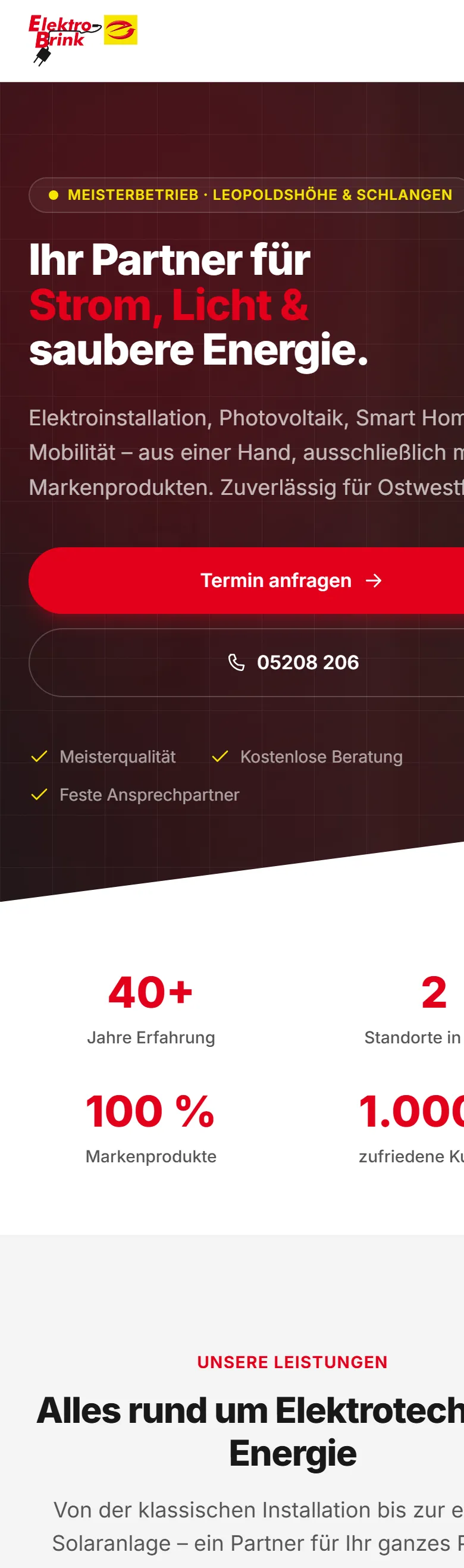 Website von Elektro Brink, gebaut von Kolesweb in der Handy-Ansicht