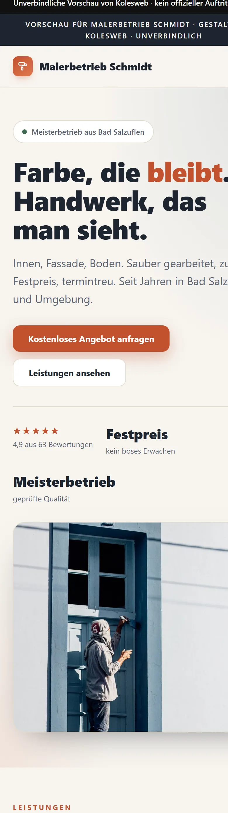 Konzept für einen Malerbetrieb, gestaltet von Kolesweb in der Handy-Ansicht