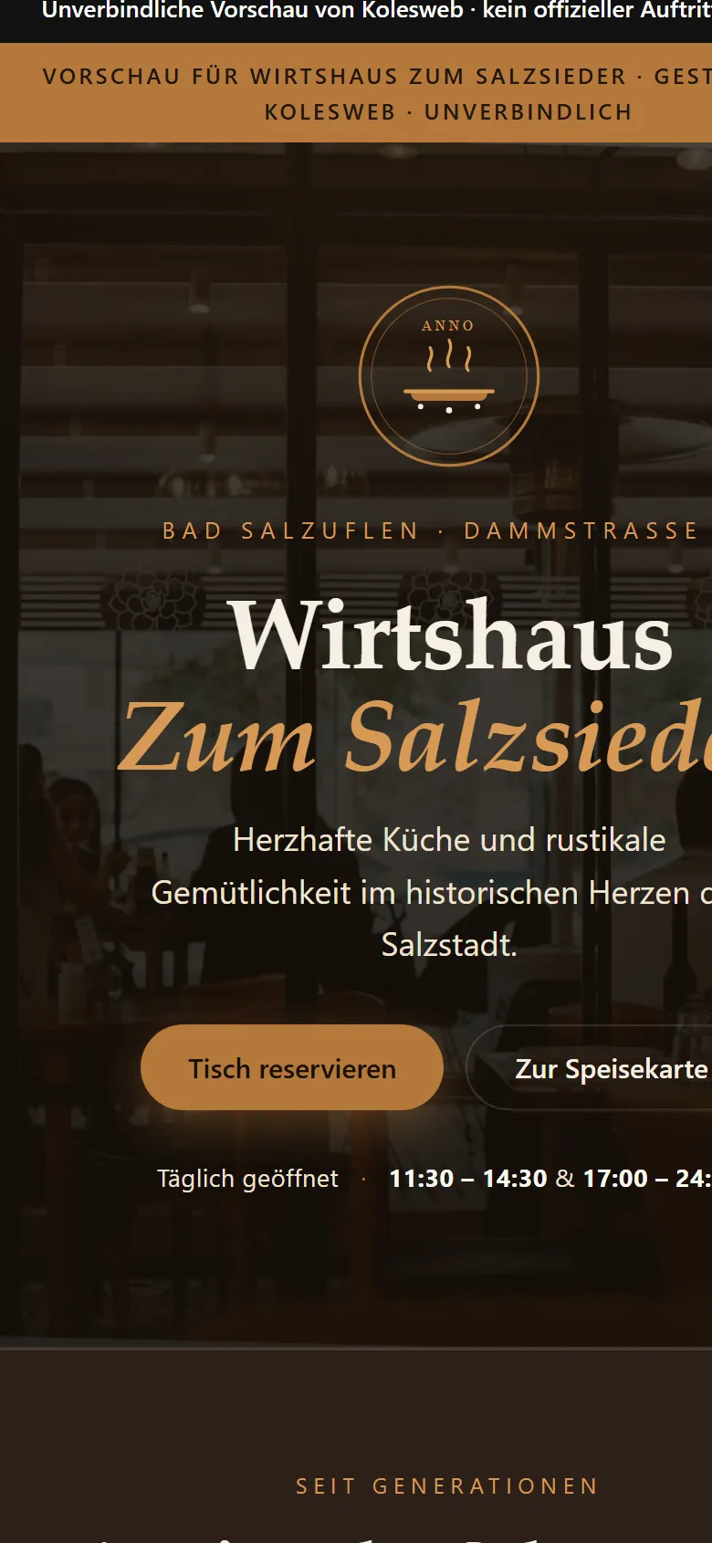 Startseite des Wirtshaus zum Salzsieder auf dem Handy, von uns gebaut