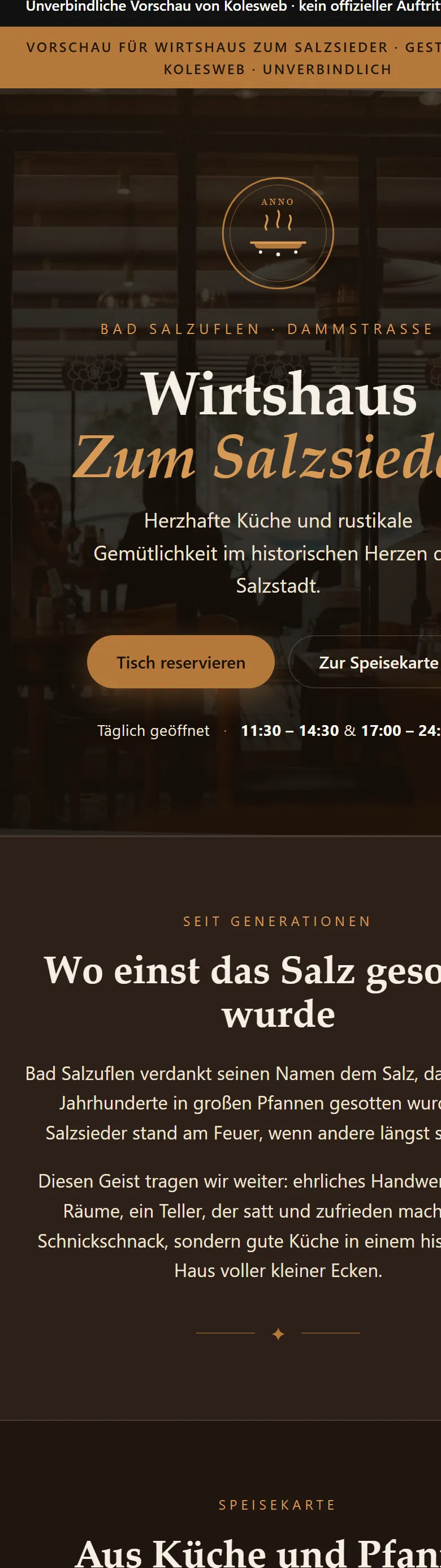 Konzept für ein Wirtshaus in Bad Salzuflen, gestaltet von Kolesweb in der Handy-Ansicht
